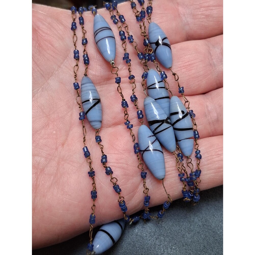 Art Deco Blue Glass Flapper Necklace Long Sautoir Black Stripe Beads